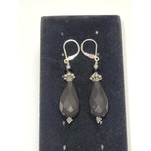 Black Agate Onyx Teardrop Statement Earrings Faceted 925 Silver Leverback Hook
